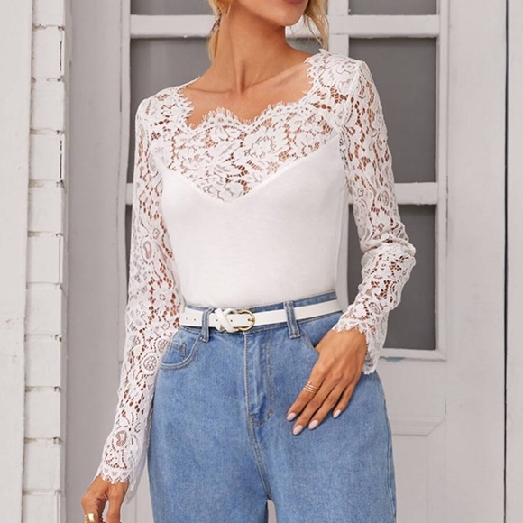 navy blue lace long sheer sleeve boho top - Picture 10 of 12